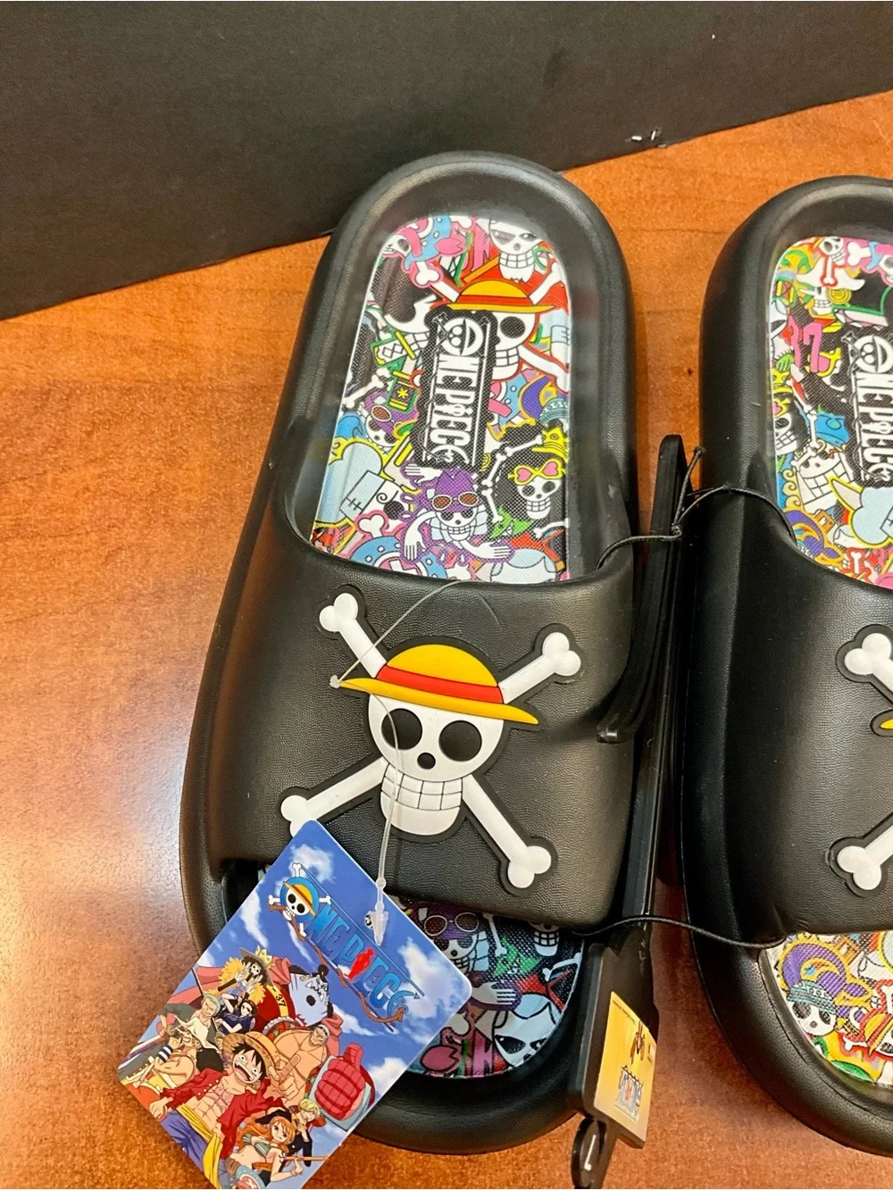Onepiece Men’s Black Slides with Colorful Printed Footbeds